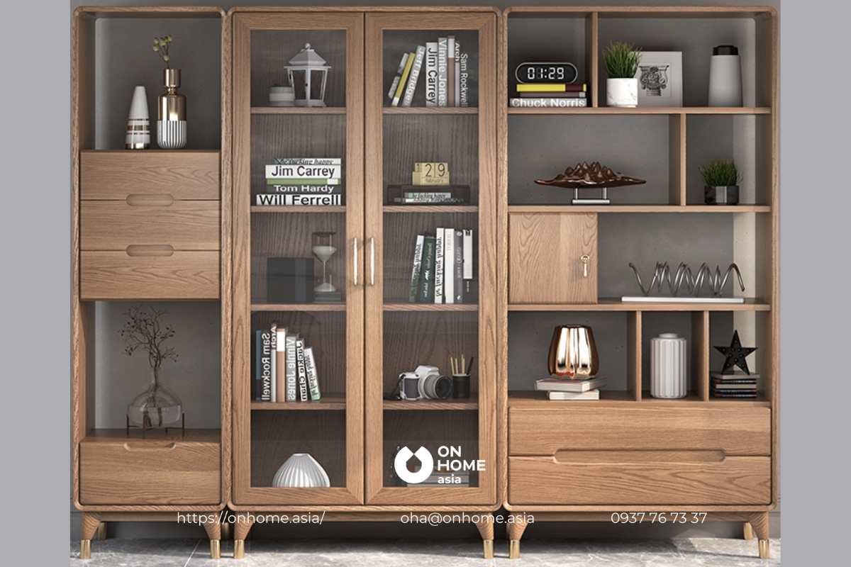 Kệ sách đẹp bằng gỗ kết hợp kính cao cấp