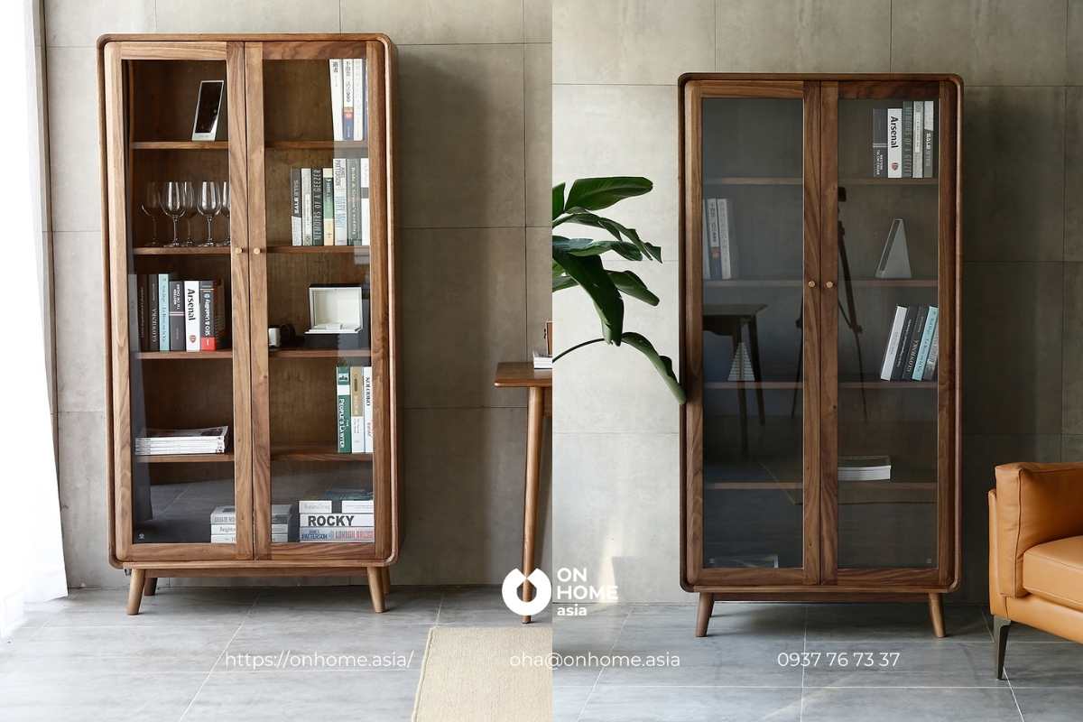 Kệ sách đứng đẹp bằng gỗ kết hợp kính cao cấp