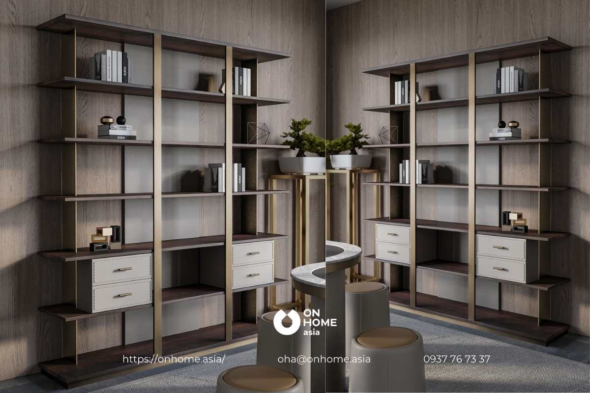 Kệ sách gỗ kết hợp kim loại sang trọng