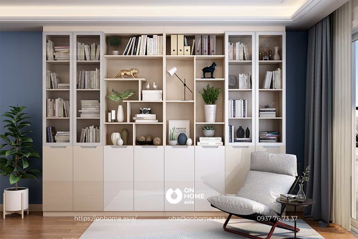 Tủ sách bằng gỗ công nghiệp kết hợp tủ trang trí