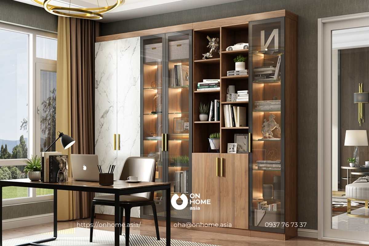 Tủ sách âm tường bằng gỗ công nghiệp kết hợp với kinh sang trọng, cao cấp