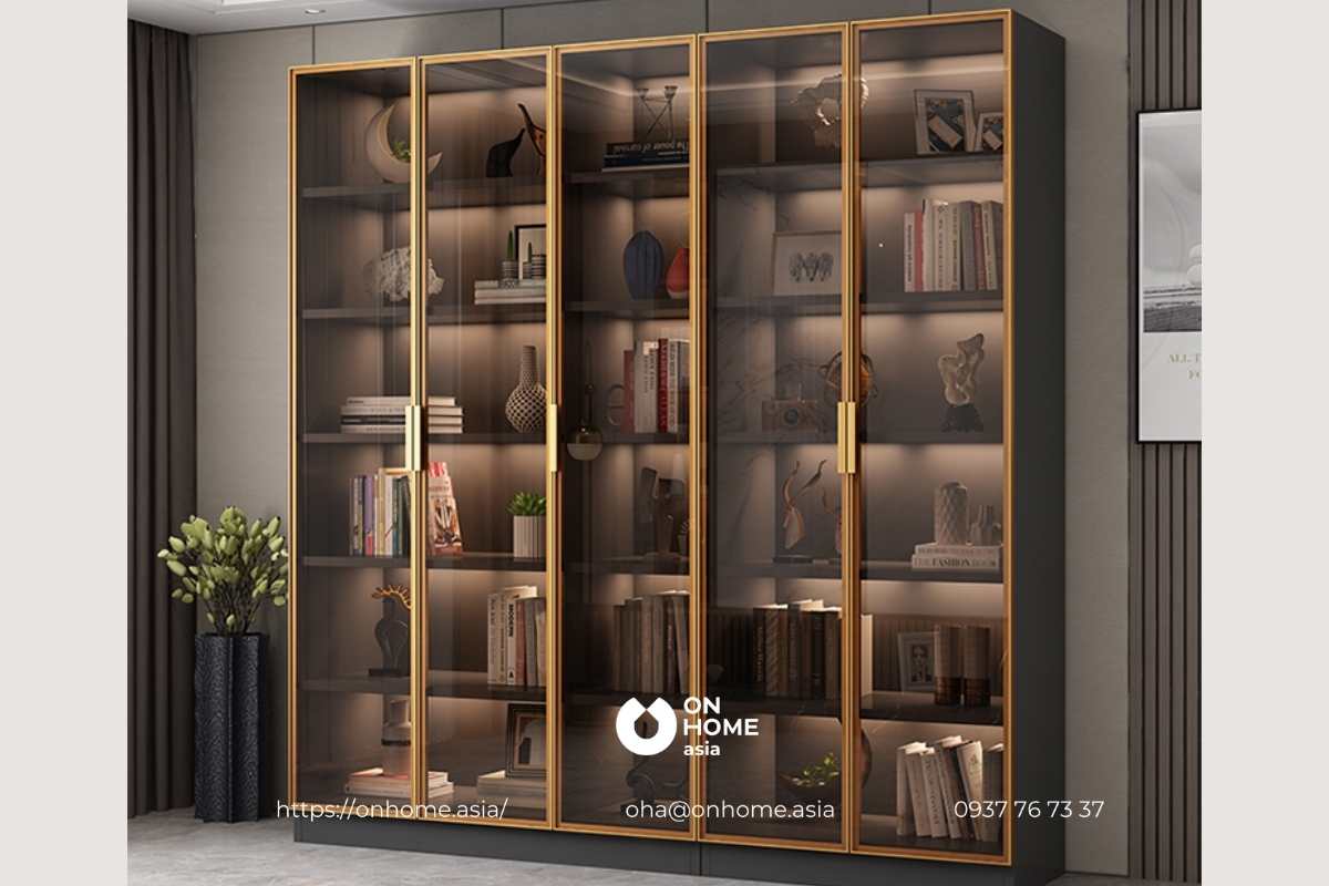 Tủ sách đứng 6 tầng bằng kính cao cấp
