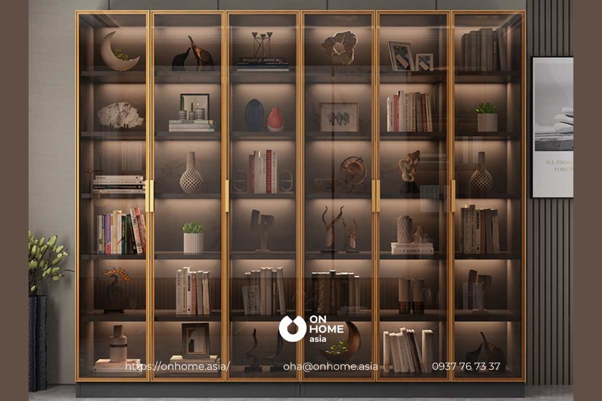 Kệ sách cao cấp bằng kính kết hợp sắt