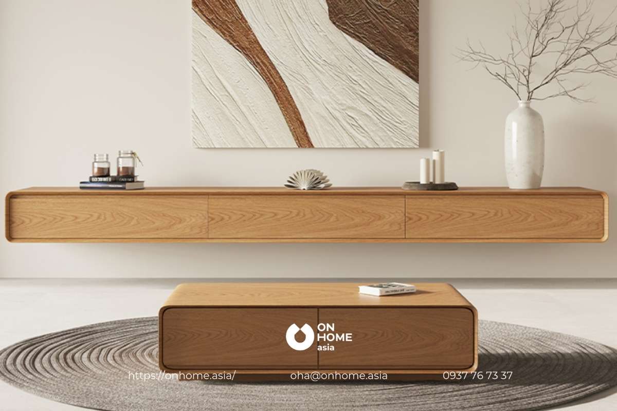 Kệ tivi treo tường phòng khách bằng gỗ sồi