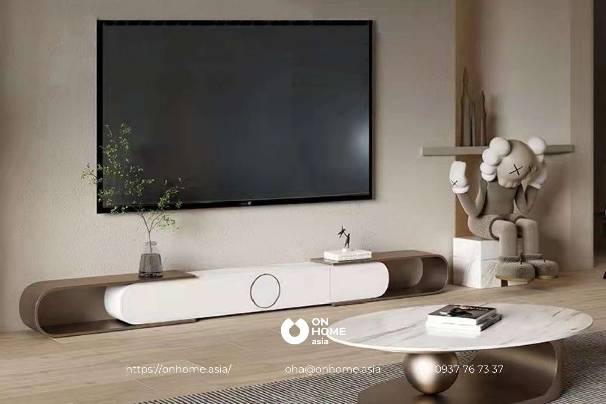 Kệ tivi gỗ công nghiệp màu trắng và nâu thiết kế lạ mắt, đẹp