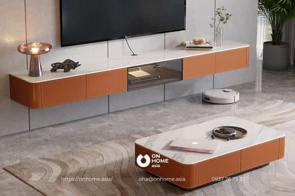 Kệ tivi treo tường màu cam kết hợp trắng thiết kế tinh tế