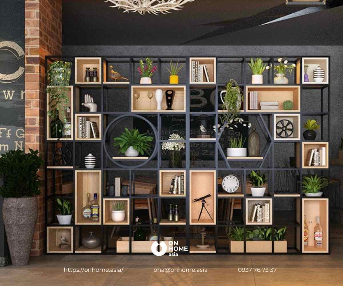 Kệ trang trí phòng khách bằng sắt và gỗ công nghiệp