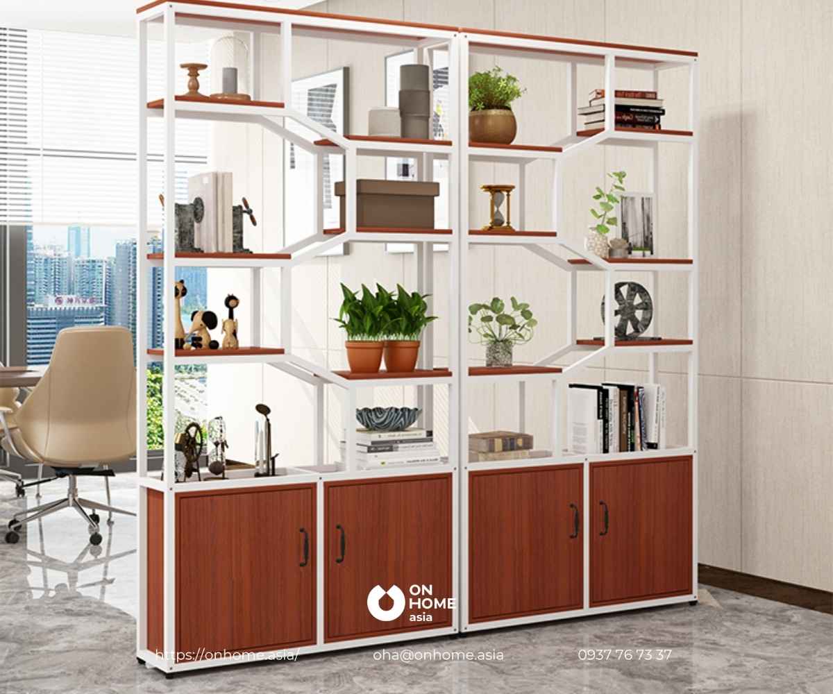 Kệ tủ trang trí phòng khách bằng sắt kết hợp gỗ công nghiệp