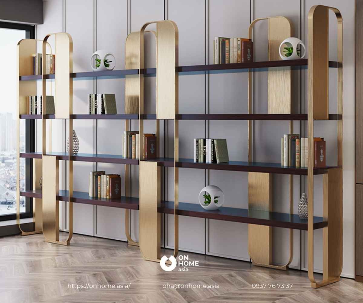 Kệ trang trí phòng khách bằng gỗ và sắt