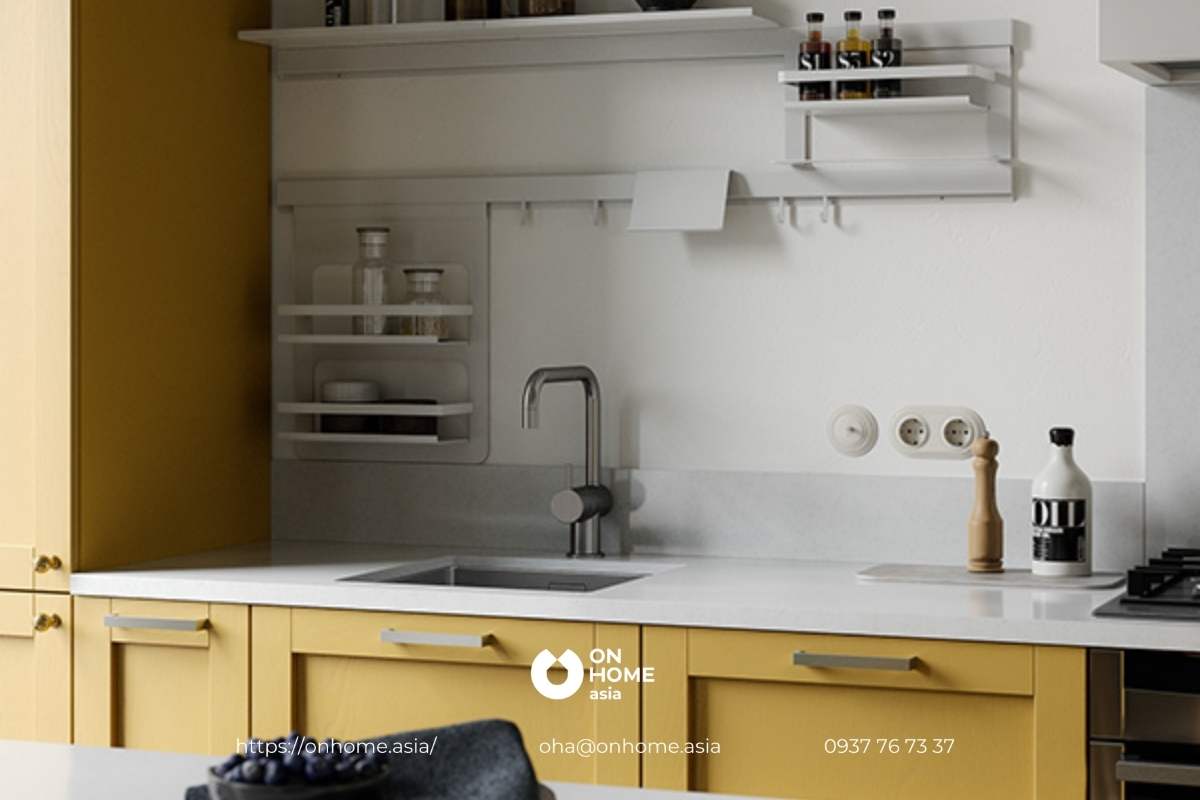 Tủ bếp đẹp với màu vàng nâu