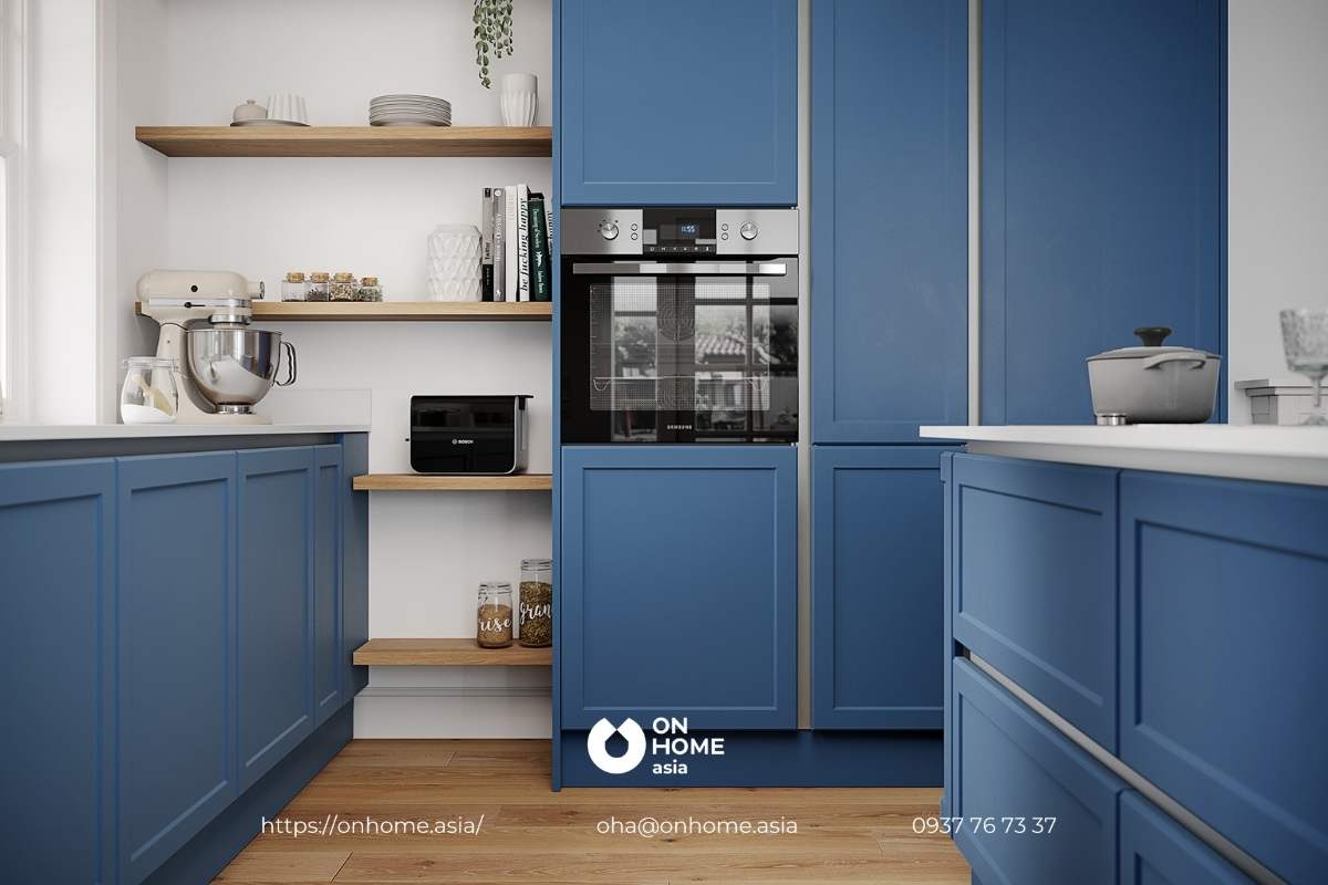 Thiết kế nội thất nhà bếp màu xanh và trắng