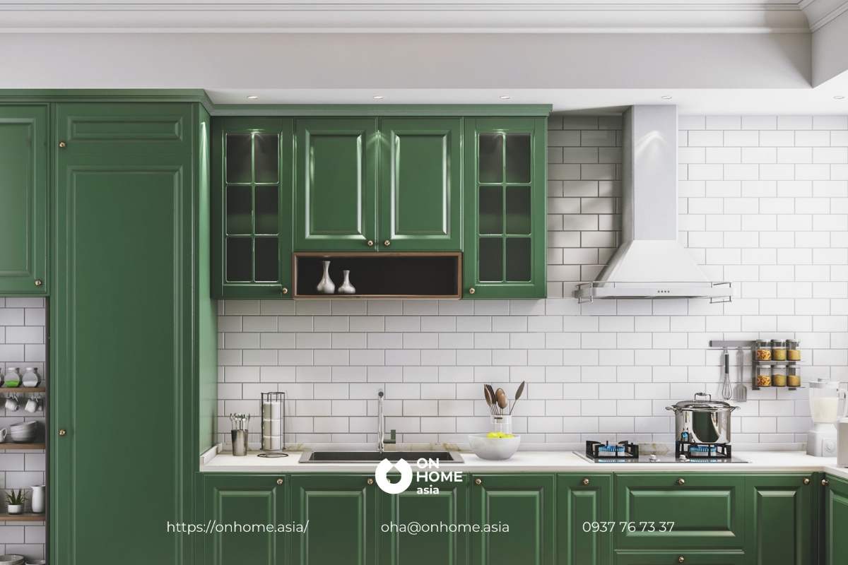 Thiết kế bếp với màu xanh lá đẹp mắt