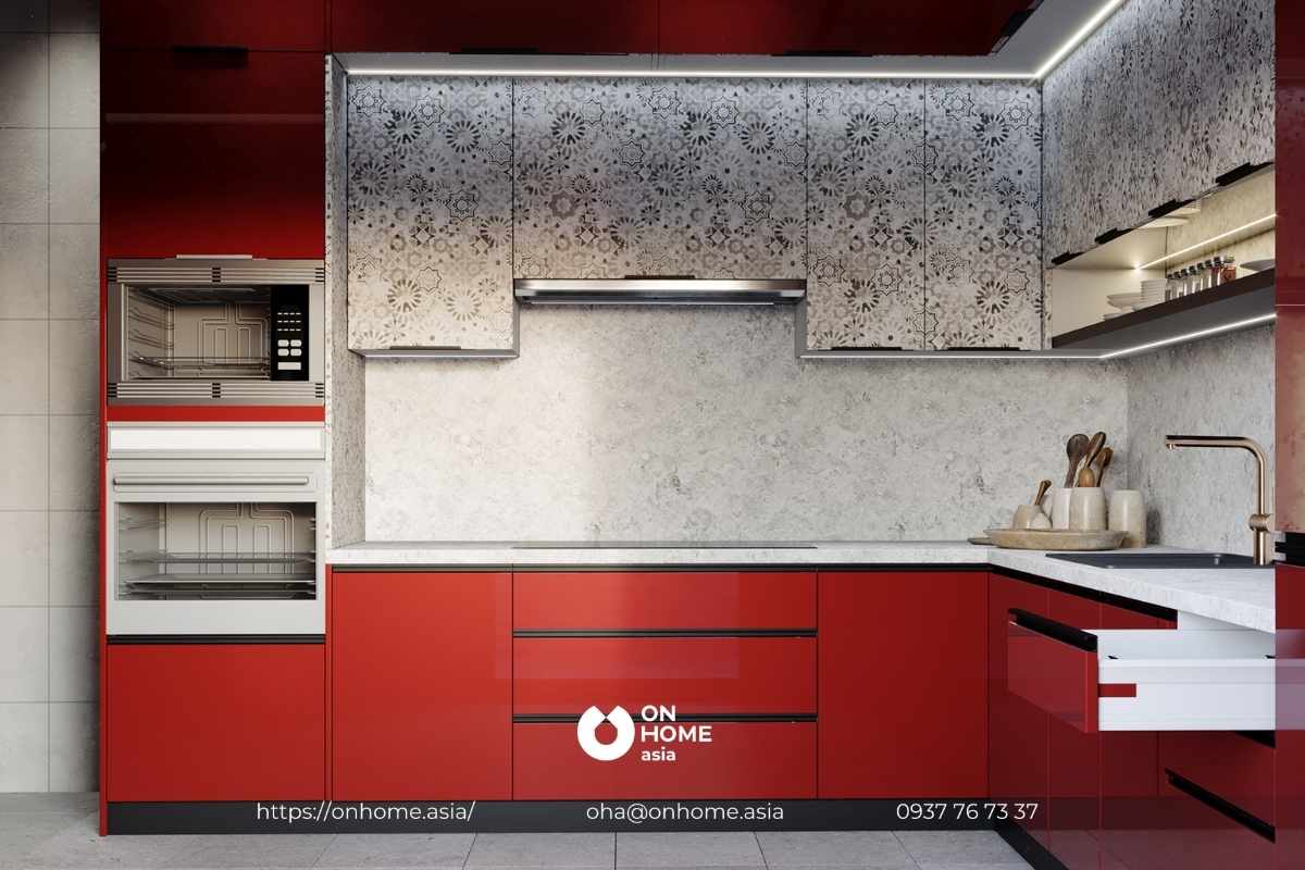 Phòng bếp màu đỏ đẹp, hiện đại