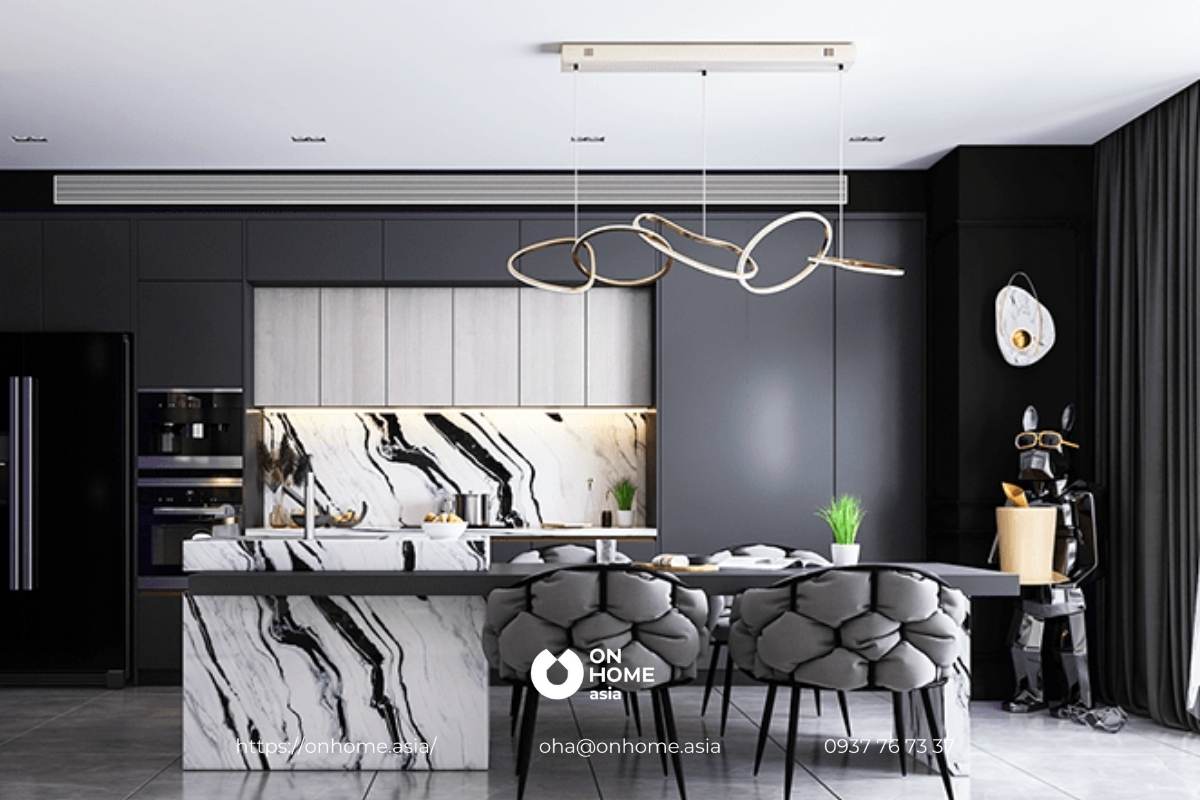 Thiết kế phòng bếp với màu đen và trắng
