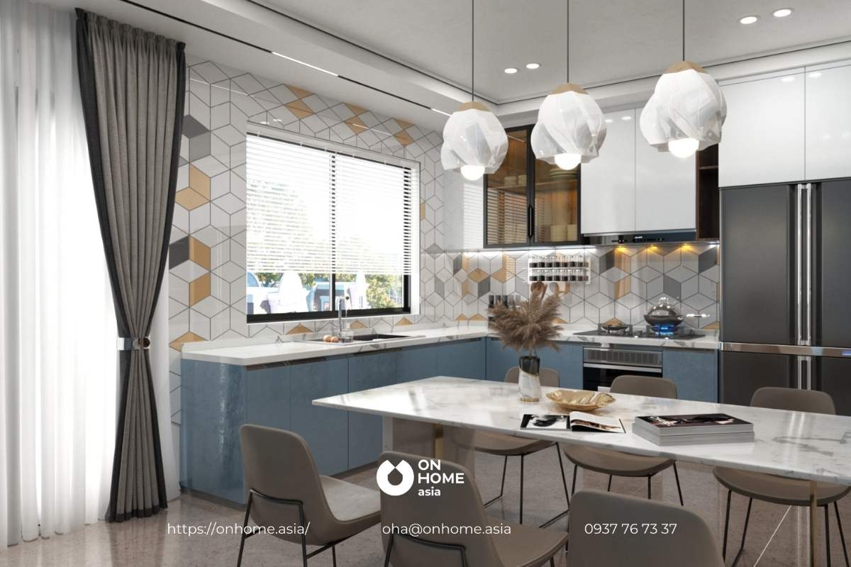 Thiết kế phòng bếp đẹp với màu xanh và trắng