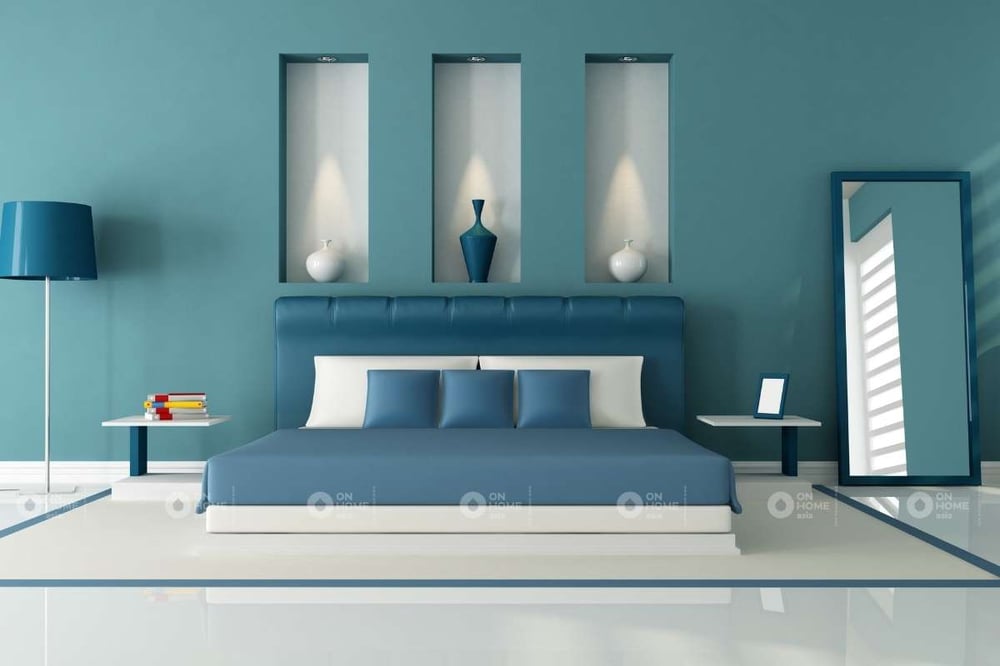 Tường phòng ngủ màu xanh đơn giản
