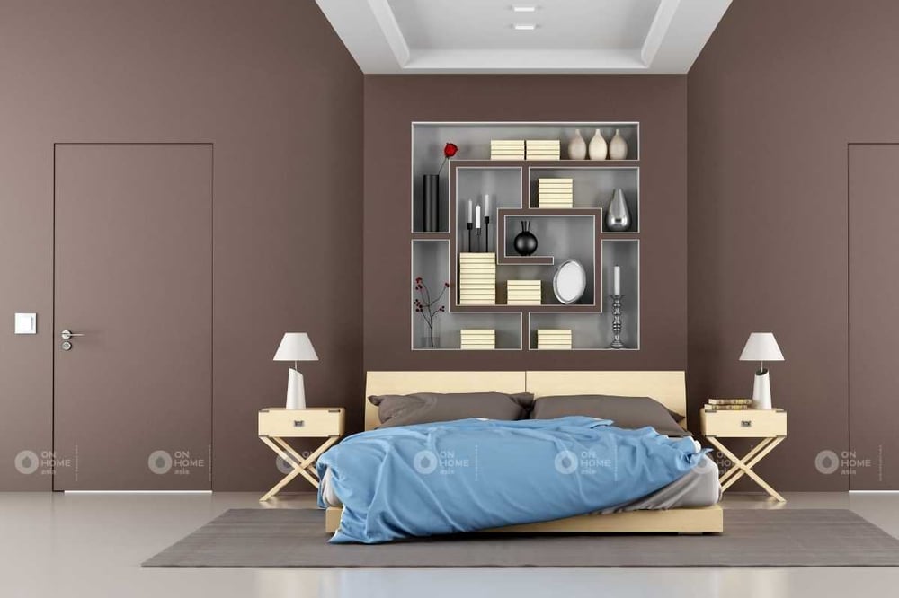 Tường phòng ngủ với gam màu nâu ấn tượng