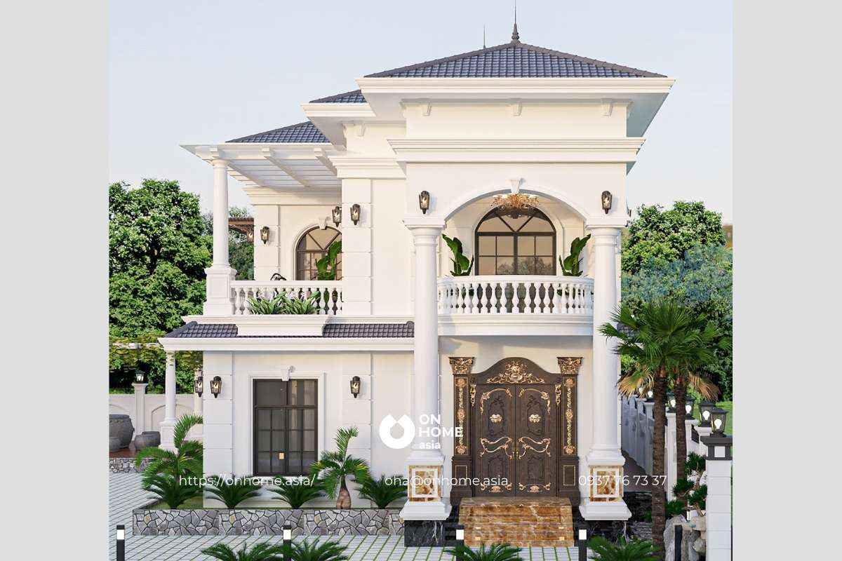 Biệt thự mái Nhật 2 tầng chữ L 4 phòng ngủ phong cách Tân Cổ Điển