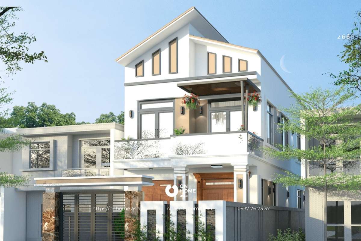 Nhà ống 2 tầng mái lệch hiện đại