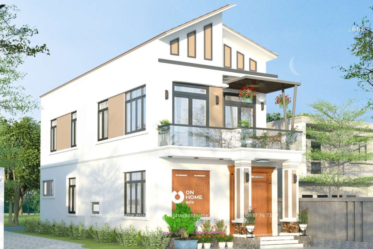 Nhà ống 2 tầng mái lệch hiện đại, đẹp