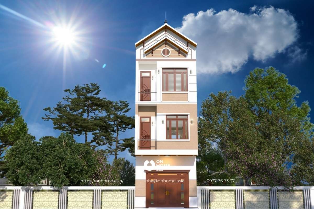 Thiết kế nhà ống 3 tầng mái Thái 4 phòng ngủ