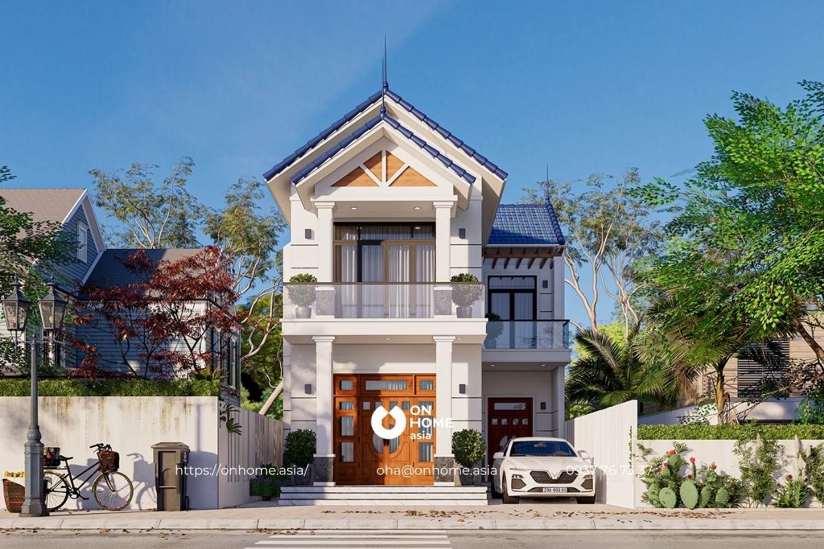 Mẫu nhà ống 2 tầng mái Thái hiện đại