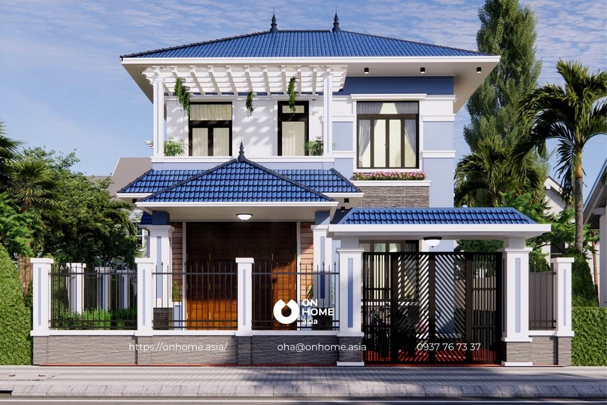 Thiết kế nhà 2 tầng mái Nhật hiện đại