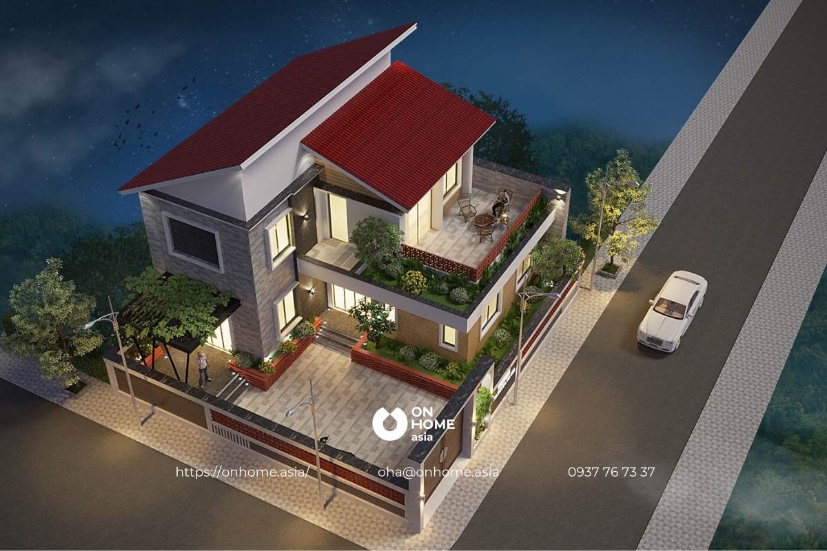 Mẫu nhà ống 2 tầng mái lệch đẹp, hiện đại