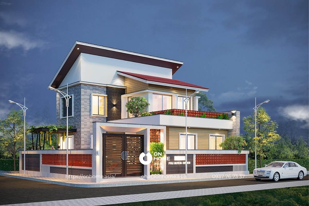 Mẫu nhà ống 2 tầng mái lệch đẹp