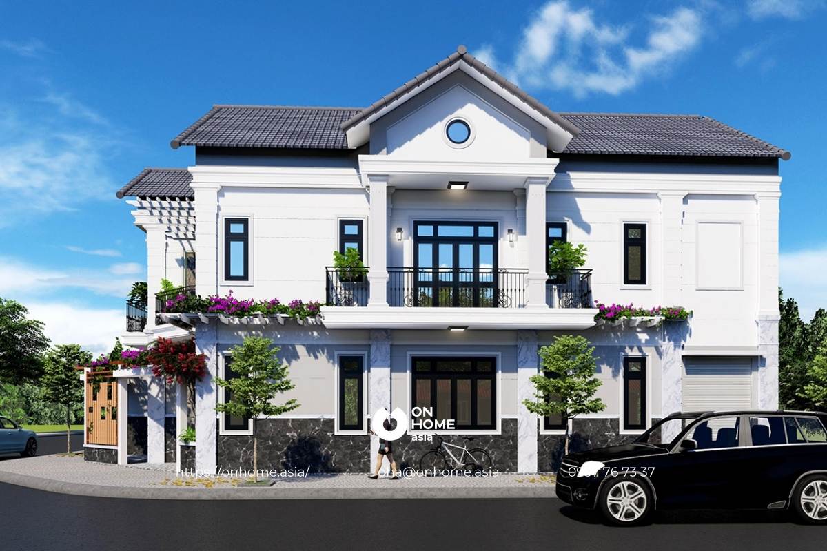 Mẫu nhà 2 tầng phong cách Tân Cổ Điền 100m2 2 mặt tiền