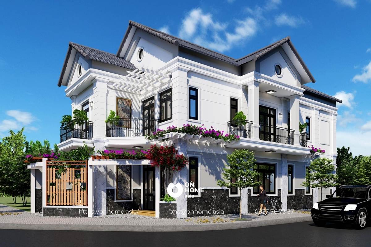 Thiết kế nhà 2 tầng phong cách Tân Cổ Điền 100m2 2 mặt tiền