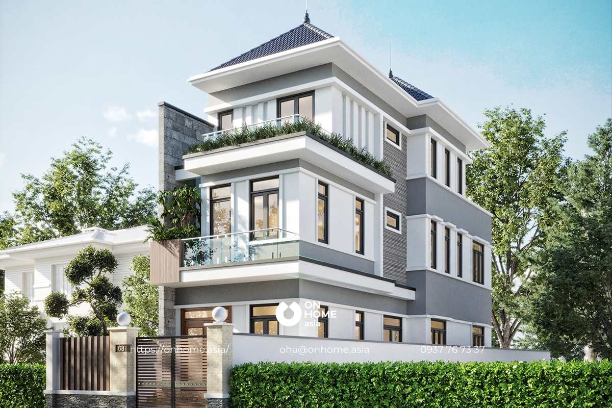 Thiết kế nhà 3 tầng mái Nhật hiện đại