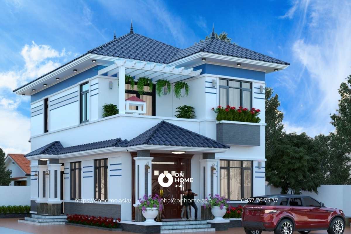 Nhà 2 tầng mái Nhật chữ L hiện đại