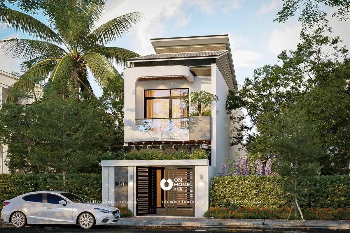 Nhà phố đẹp 2 tầng mái lệch hiện đại