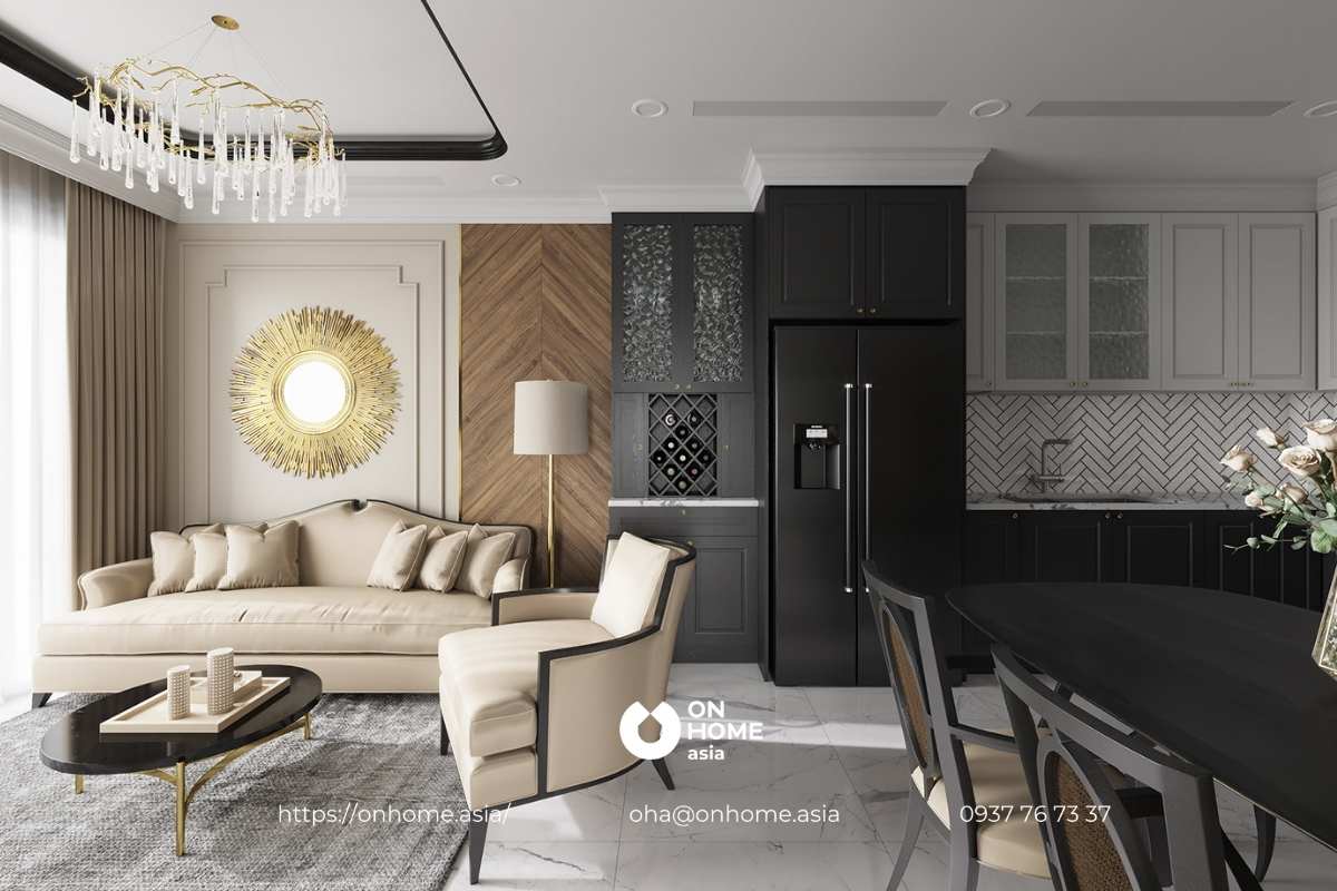 Nội thất phòng khách liền bếp của căn hộ C Sky View phong cách Tân Cổ Điển đẹp