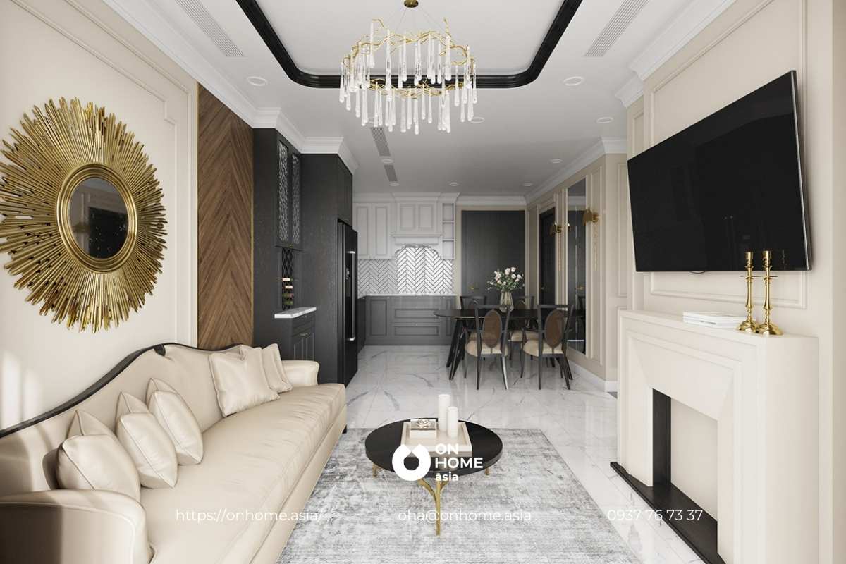 Nội thất phòng khách căn hộ C Sky View phong cách Tân Cổ Điển đẹp
