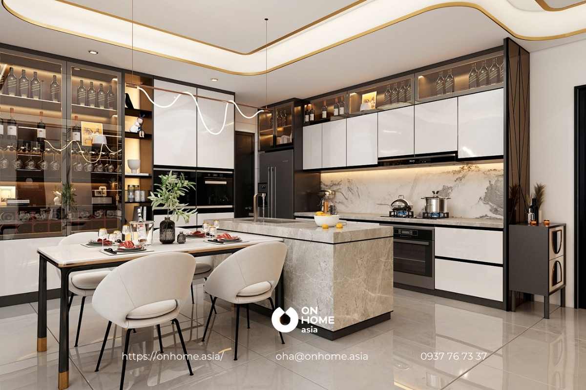 Thiết kế phòng bếp sang trọng với tông màu trắng xám chủ đạo