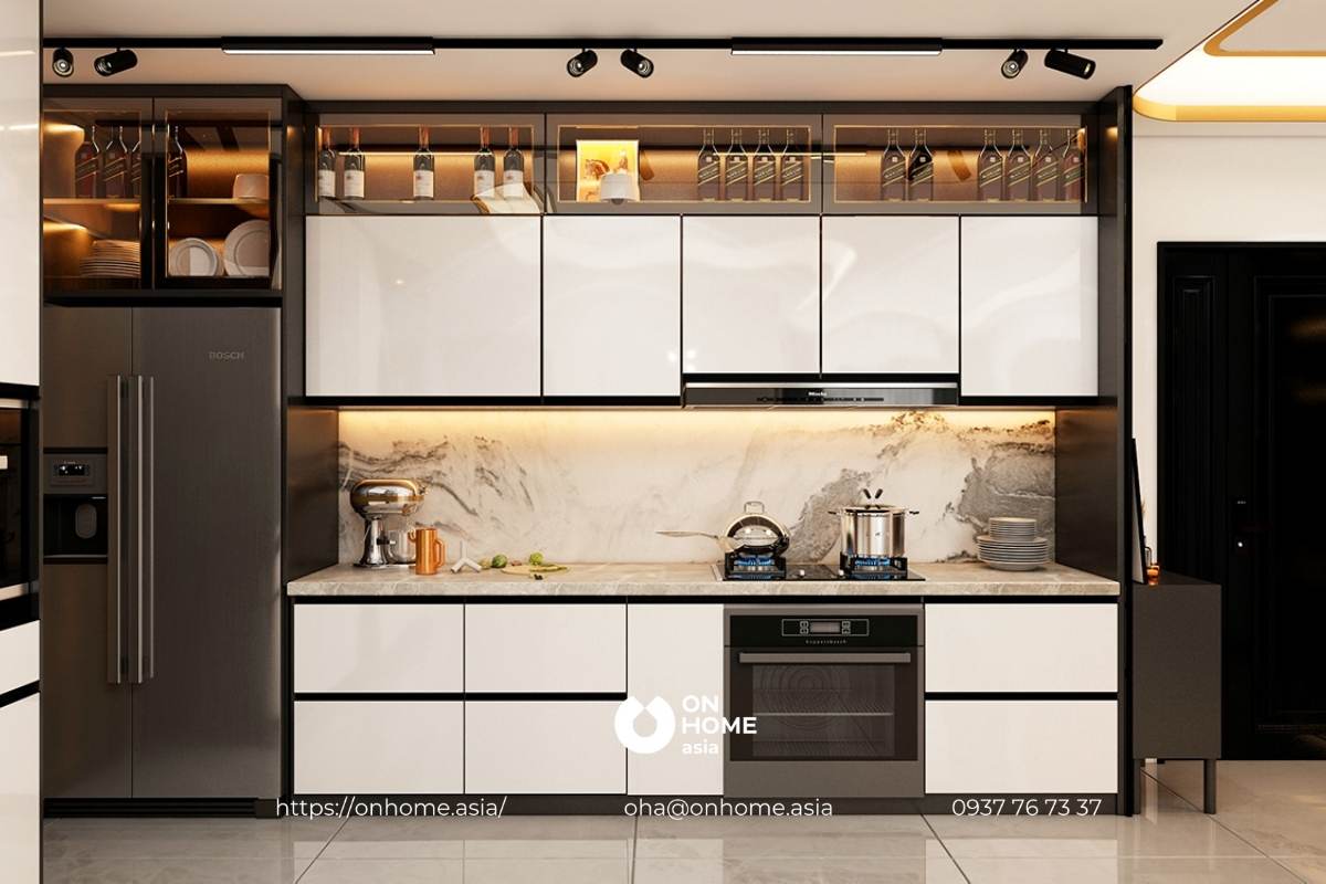Thiết kế tủ bếp với đầy đủ thiết bị bếp