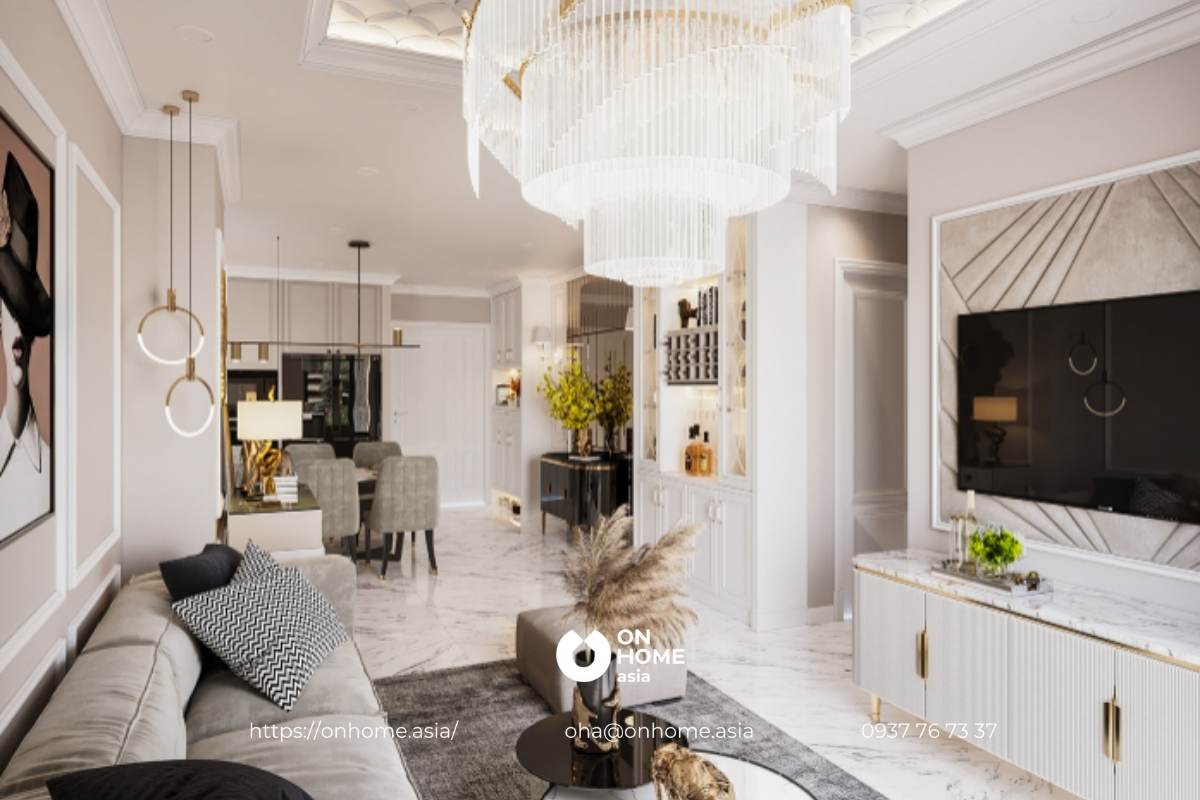 Phòng khách liền bếp thanh lịch