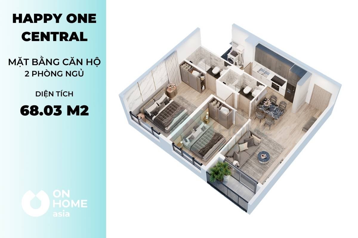 Mặt bằng căn hộ 2 phòng ngủ của dự án Happy One Central