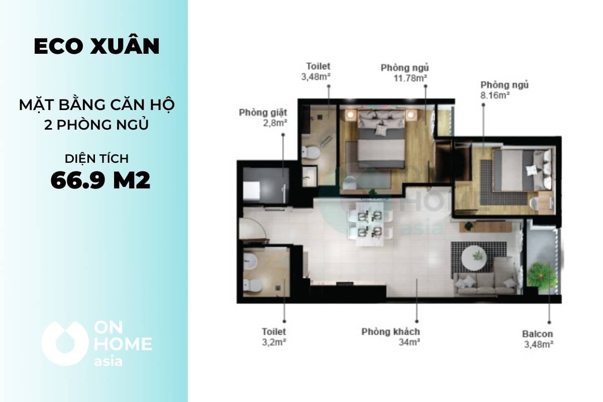 Mặt bằng căn hộ chung cư Eco Xuân 2 phòng ngủ