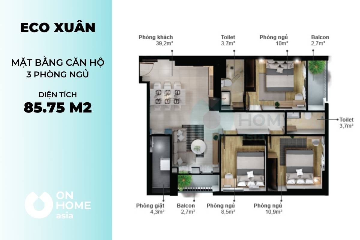 Mặt bằng căn hộ chung cư cao cấp Eco Xuân 3 phòng ngủ