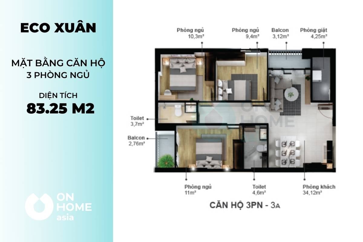 Mặt bằng căn hộ Eco Xuân 3 phòng ngủ