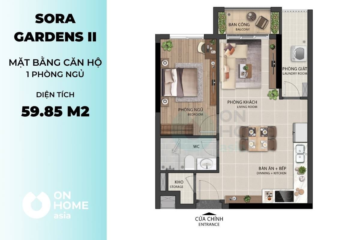 Măt bằng 1 phòng ngủ dự án Sora Gardens 2