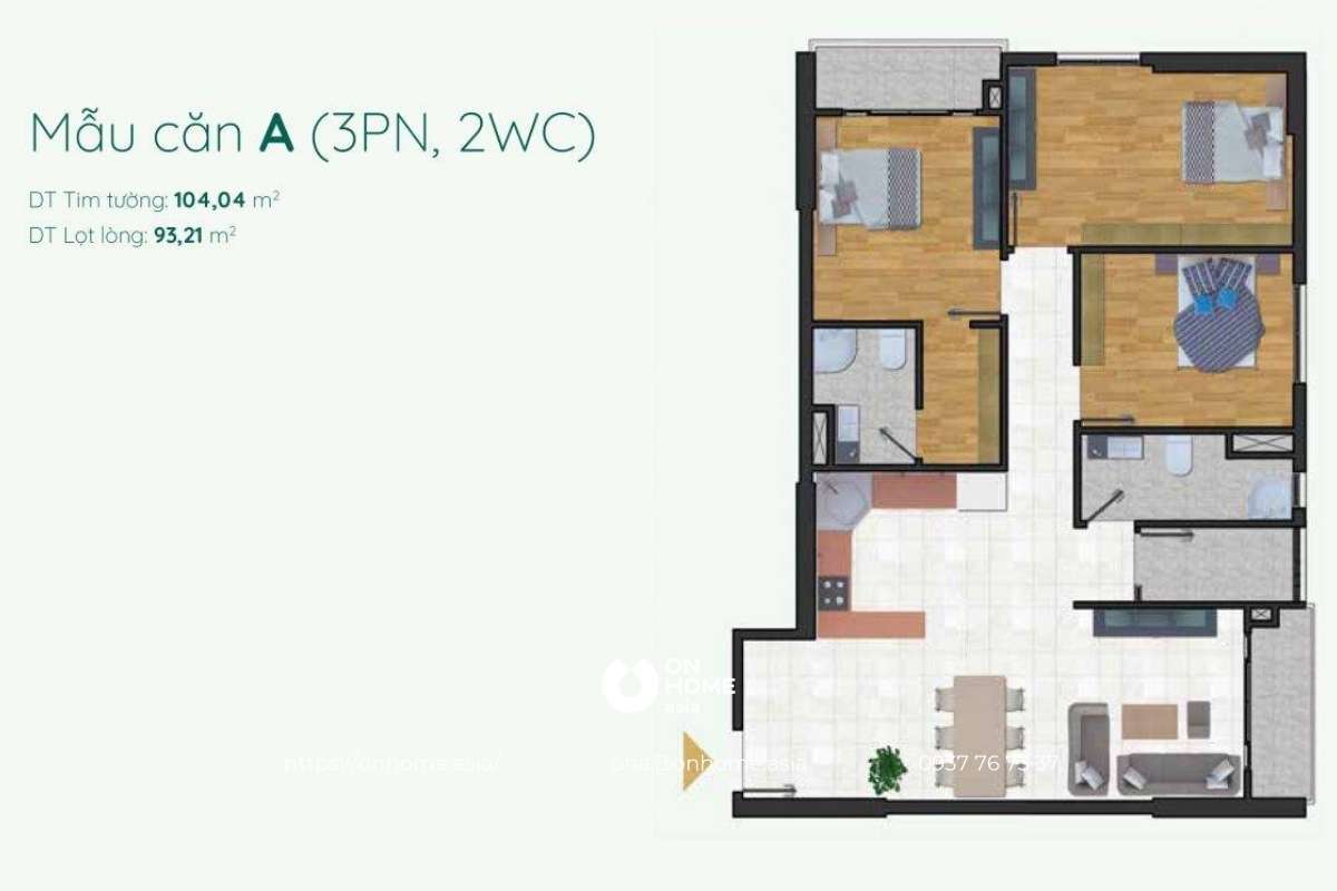 Mặt bằng căn hộ 3 phòng ngủ 2WC