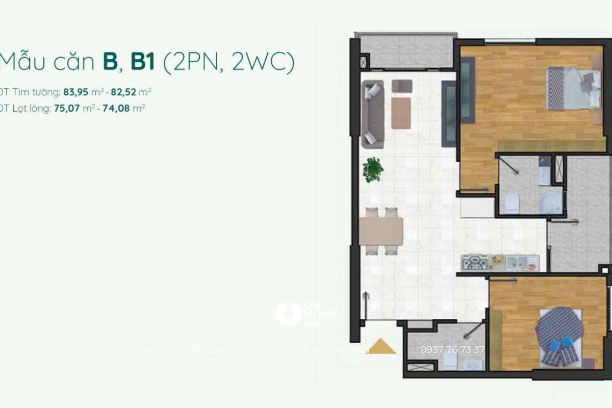 Mặt bằng căn hộ B, B1 2 phòng ngủ 2WC