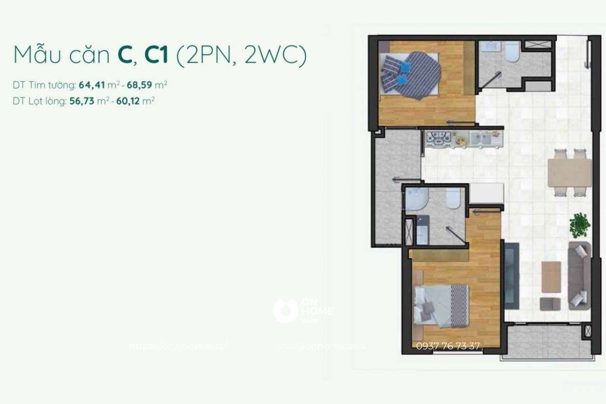Mặt bằng căn hộ C, C1 2 phòng ngủ 2WC