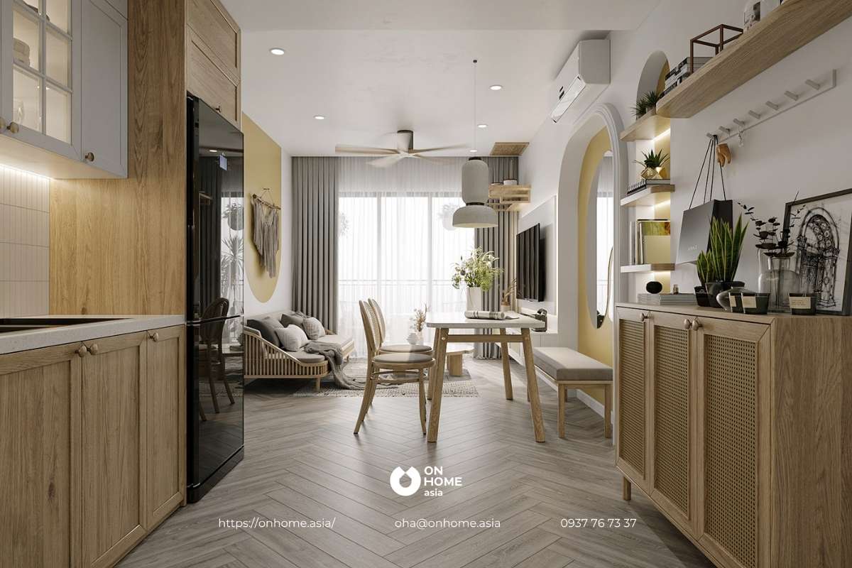 Thiết kế nội thất căn hộ 3 phòng ngủ với phòng khách và bếp liền nhau