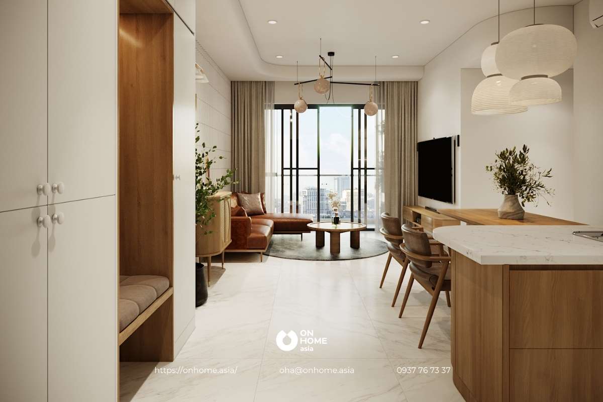 Không gian căn hộ rộng rãi, thông thoáng với màu trắng và nâu đẹp mắt