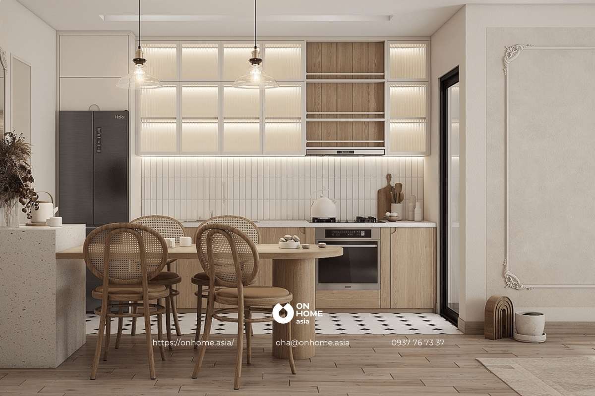 Thiết kế tủ bếp chữ I gần gũi, ấm áp